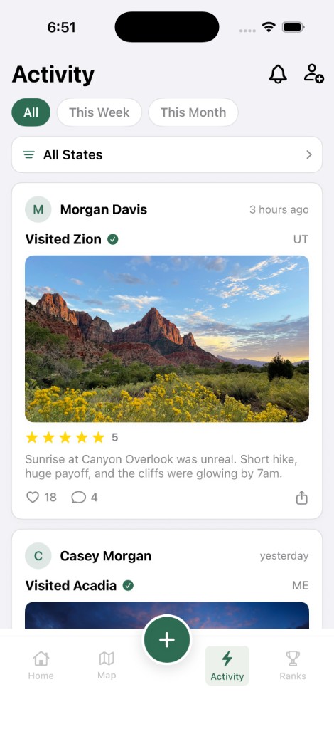Activity feed showing friends' recent park visits, photos, ratings, and comments