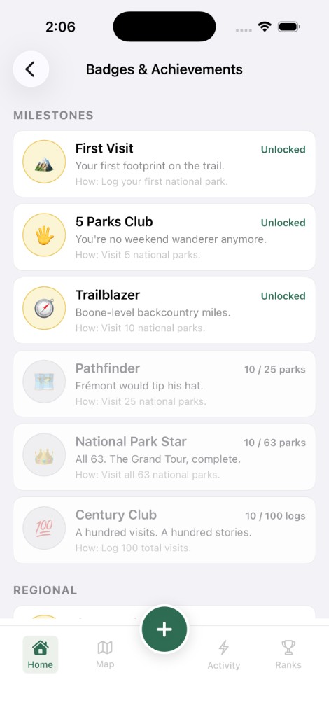 Badges and achievements screen showing milestone progress like First Visit, 5 Parks Club, and Trailblazer