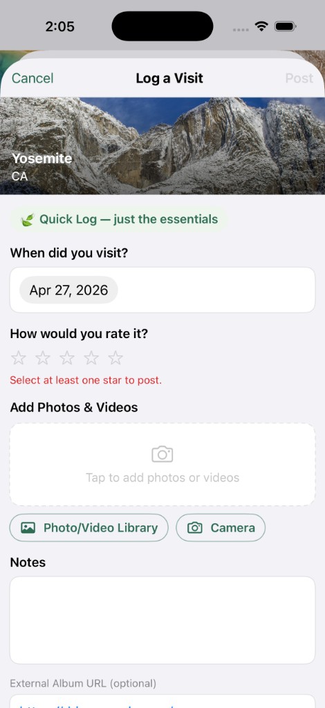Log a visit screen with date, rating, photos, and notes fields