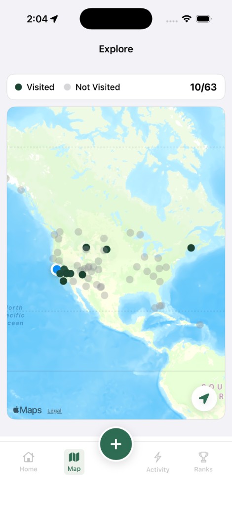 Explore map showing visited and unvisited national parks