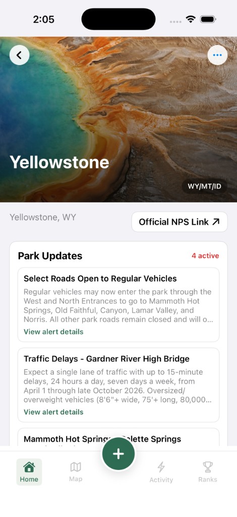 Park detail screen for Yellowstone showing live park updates and alerts
